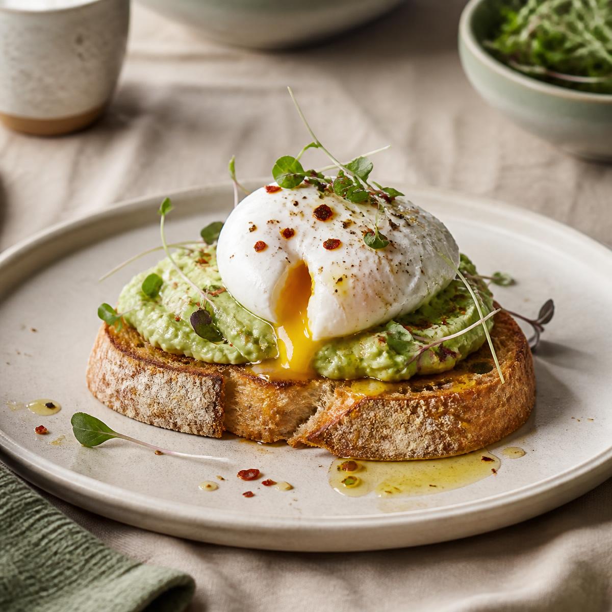Tostada de aguacate con huevo poché, microgreens y chile